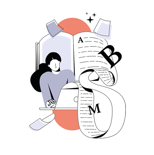 Illustration einer Autorin, die ihr Buch macht